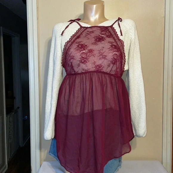women’s night gown Large nightie top Burgundy lace sheer tie lingerie intimate - Picture 2 of 7